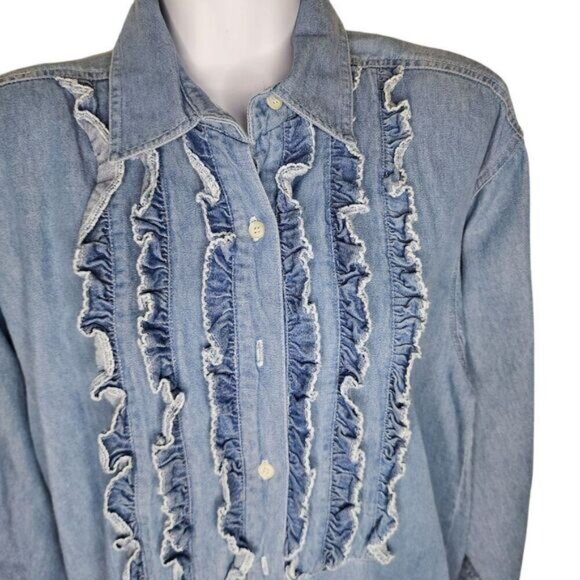 Vintage 90s Denim Tuxedo Ruffle Button Up Western Shirt Womens M Blue - Picture 2 of 7